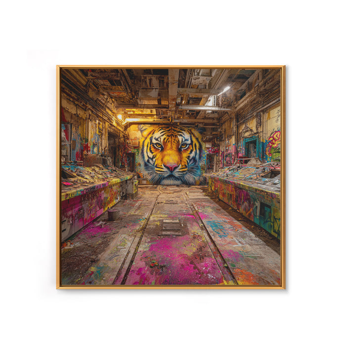 Tiger Graffiti Mural In Abandoned Factory Canvas Print, Urban Street Art, Wildlife Wall Art, Bold Industrial Loft Decor Gift