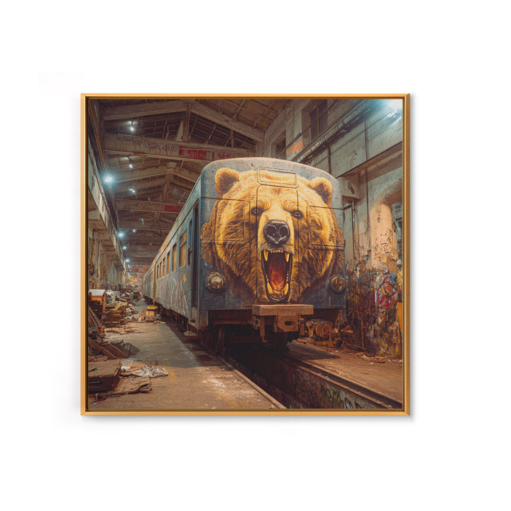Roaring Bear Train Mural Canvas Print, Urban Graffiti Wall Art, Industrial Decor, Wildlife Art, Statement Artwork, Man Cave Decor