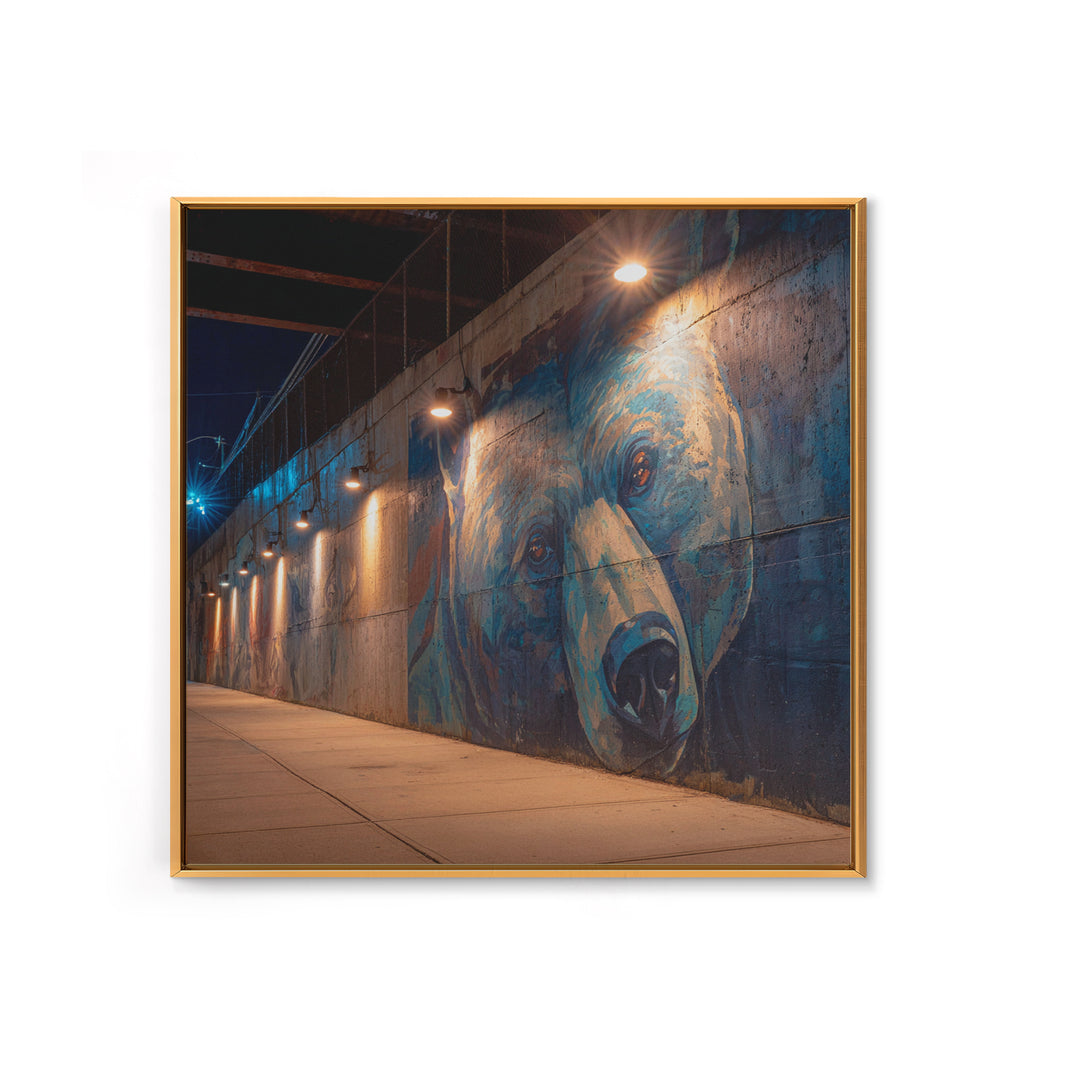 Blue Bear Street Mural Canvas Print, Urban Graffiti Wall Art, Moody City Decor, Wildlife Art, Modern Wall Decor, Night Photography