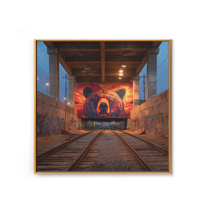 Sunset Bear Railroad Mural Framed Canvas Print, Urban Graffiti Wall Art, Industrial Decor, Wildlife Statement Art, Man Cave Decor