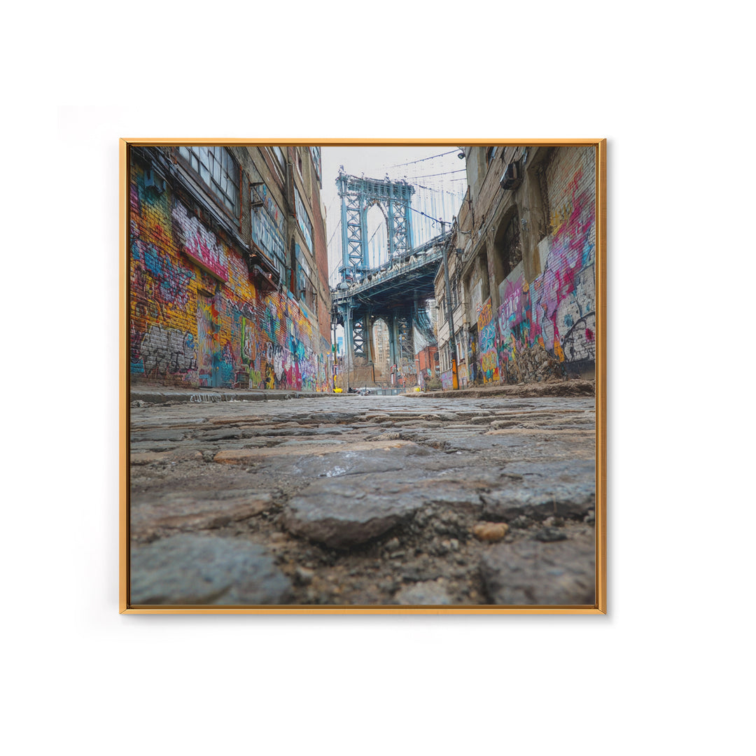 Cobblestone Alley And Bridge Wall Art, Urban Graffiti Photography Print, New York City Decor, Industrial Wall Decor, Travel Poster