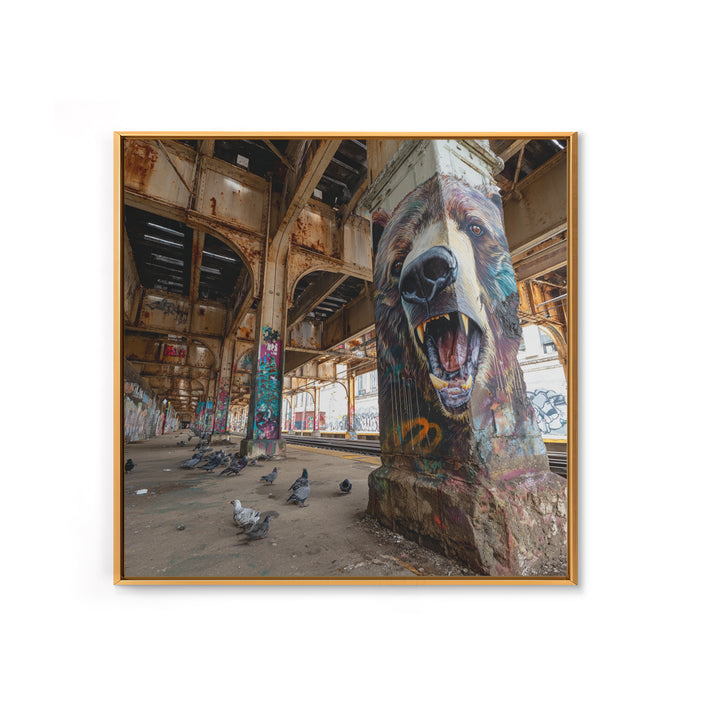 Roaring Bear Pillar Mural Canvas Print, Urban Graffiti Wall Art, Industrial Decor, Wildlife Art, Bold Animal Decor, Man Cave Decor