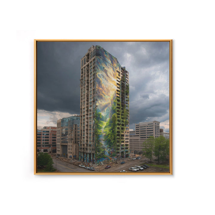 Stormy City Tower With Nature Mural Canvas Print, Urban Architecture Wall Art, Surreal Street Art, Modern Office Decor For Loft