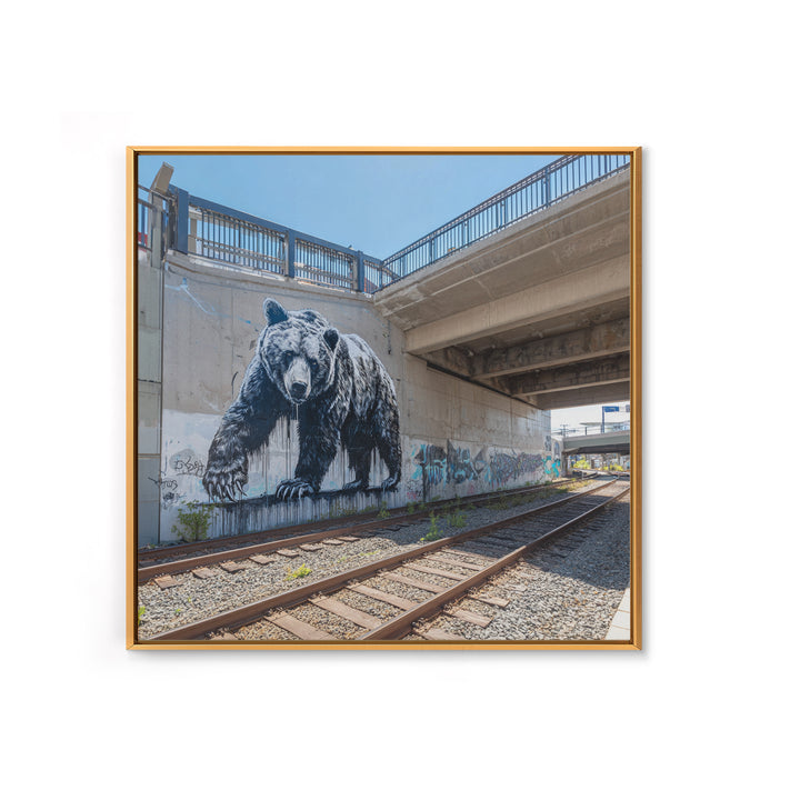 Black Bear Graffiti Mural By Train Tracks Canvas Print, Urban Wildlife Wall Art, Industrial Street Art Decor For Modern Loft