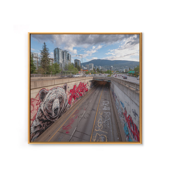 Bear Mural Highway Underpass Cityscape Wall Art, Urban Wildlife Print, Mountain Landscape Decor, Graffiti Street Photography
