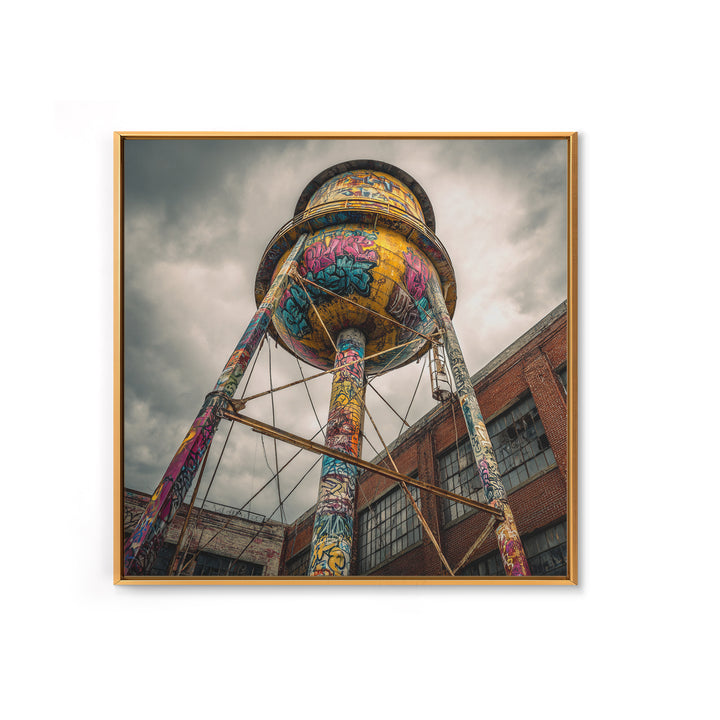 Graffiti Water Tower Under Stormy Sky Wall Art, Industrial Urban Print, Street Art Photography, Bold Loft Decor For Home