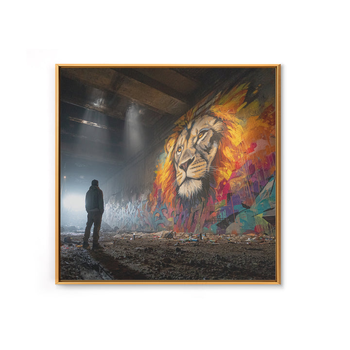 Underground Lion Mural In Shadowed Tunnel Framed Canvas Print, Urban Wildlife Wall Art, Graffiti Decor, Moody Street Photography