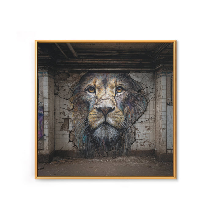 Cracked Wall Lion Portrait Graffiti Wall Art, Abandoned Subway Mural Print, Urban Wildlife Decor, Moody Animal Art For Home