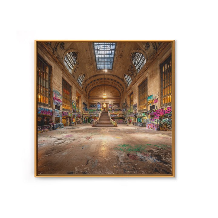 Abandoned Grand Hall Graffiti Framed Canvas Print, Urban Street Art, Industrial Wall Decor, Large Statement Artwork, Modern Home Decor