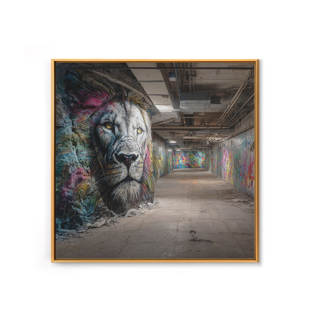 White Lion Graffiti Tunnel Wall Art, Urban Street Art Canvas Print, Wildlife Mural Decor, Industrial Loft Statement Art Gift