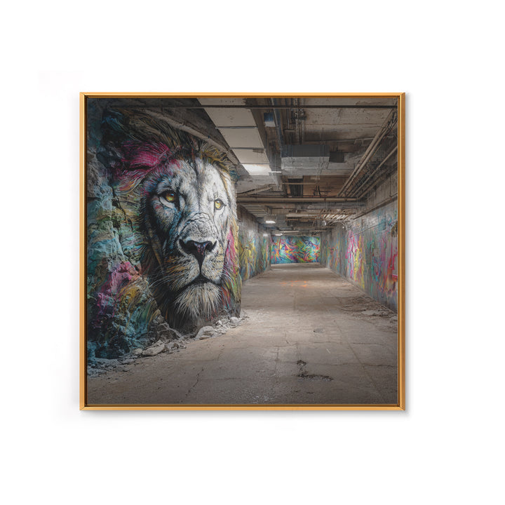 White Lion Graffiti Tunnel Wall Art, Urban Street Art Canvas Print, Wildlife Mural Decor, Industrial Loft Statement Art Gift