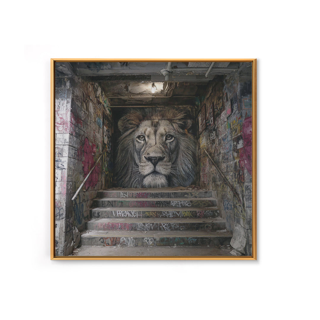 Realistic Lion Stairwell Wall Art, Urban Graffiti Mural Canvas Print, Street Art Decor, Bold Animal Office Poster For Men