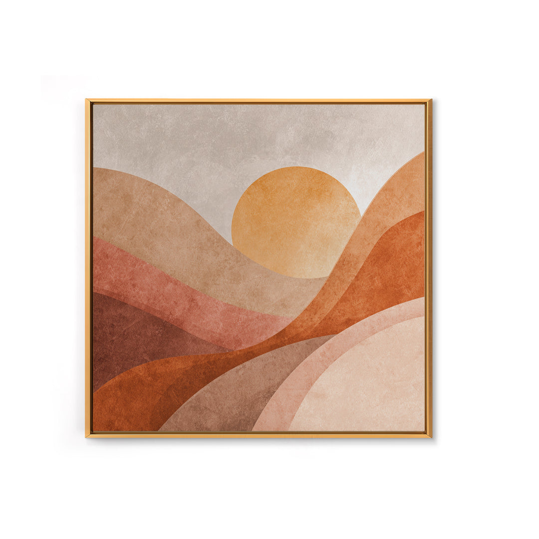Terracotta Sun Over Abstract Hills Framed Canvas Print, Earth Tone Wall Art For Modern Home Decor And Living Room Wall Decor