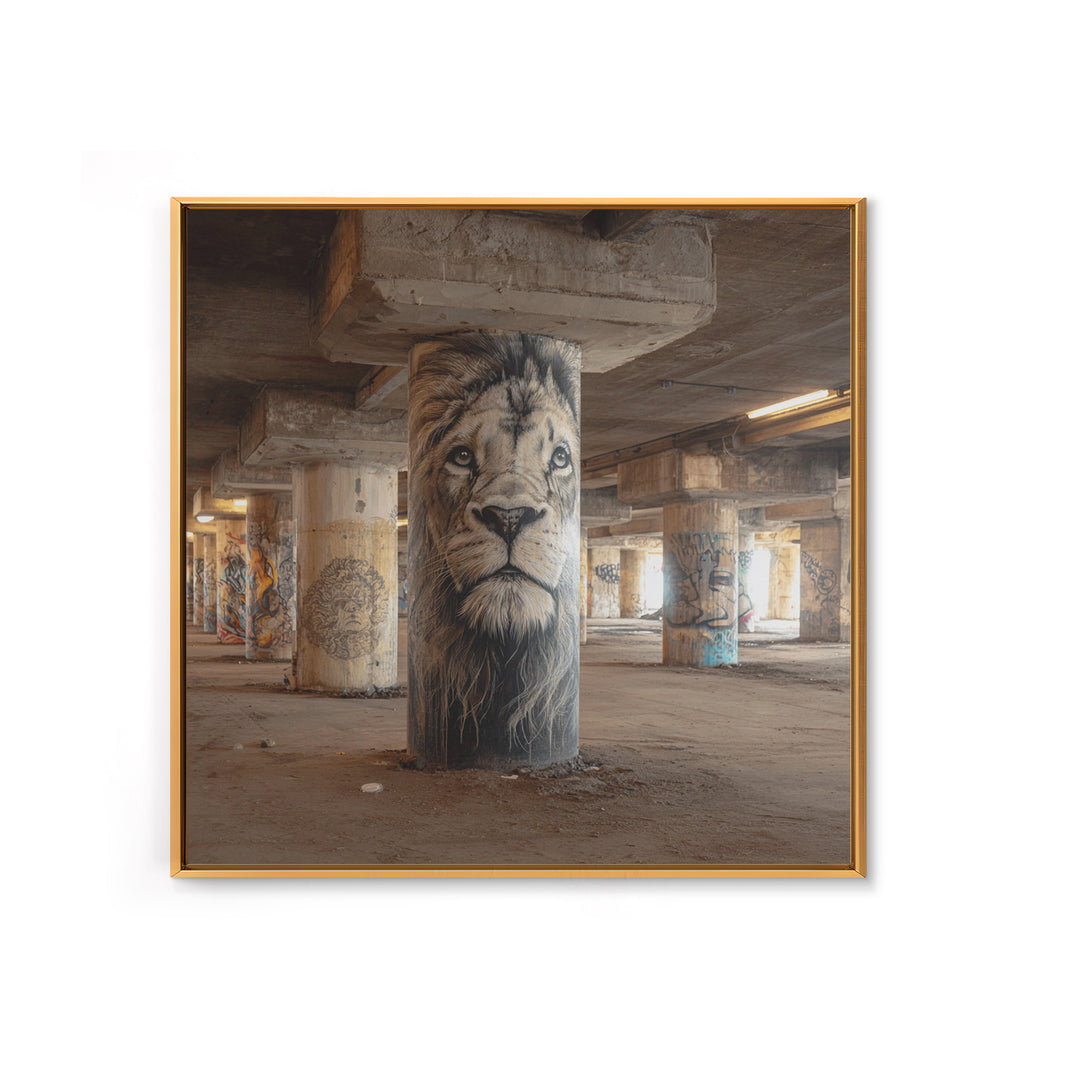 Realistic Lion Portrait On Concrete Pillar Wall Art, Urban Wildlife Canvas Print, Graffiti Decor For Office And Man Cave