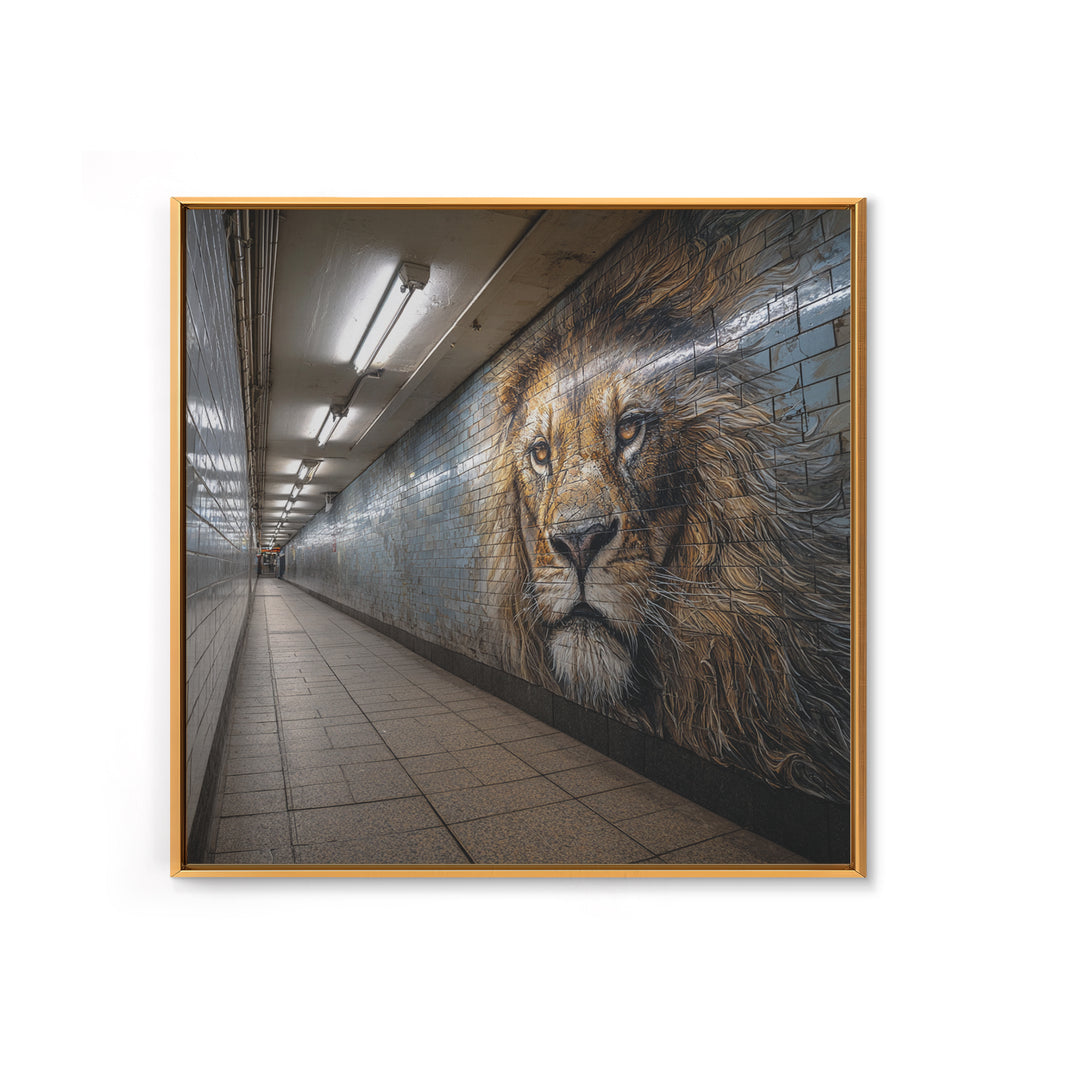 Majestic Lion Mural In Subway Tunnel Wall Art, Urban Street Art Print, Animal Wall Decor, Masculine Office Decor Gift Idea