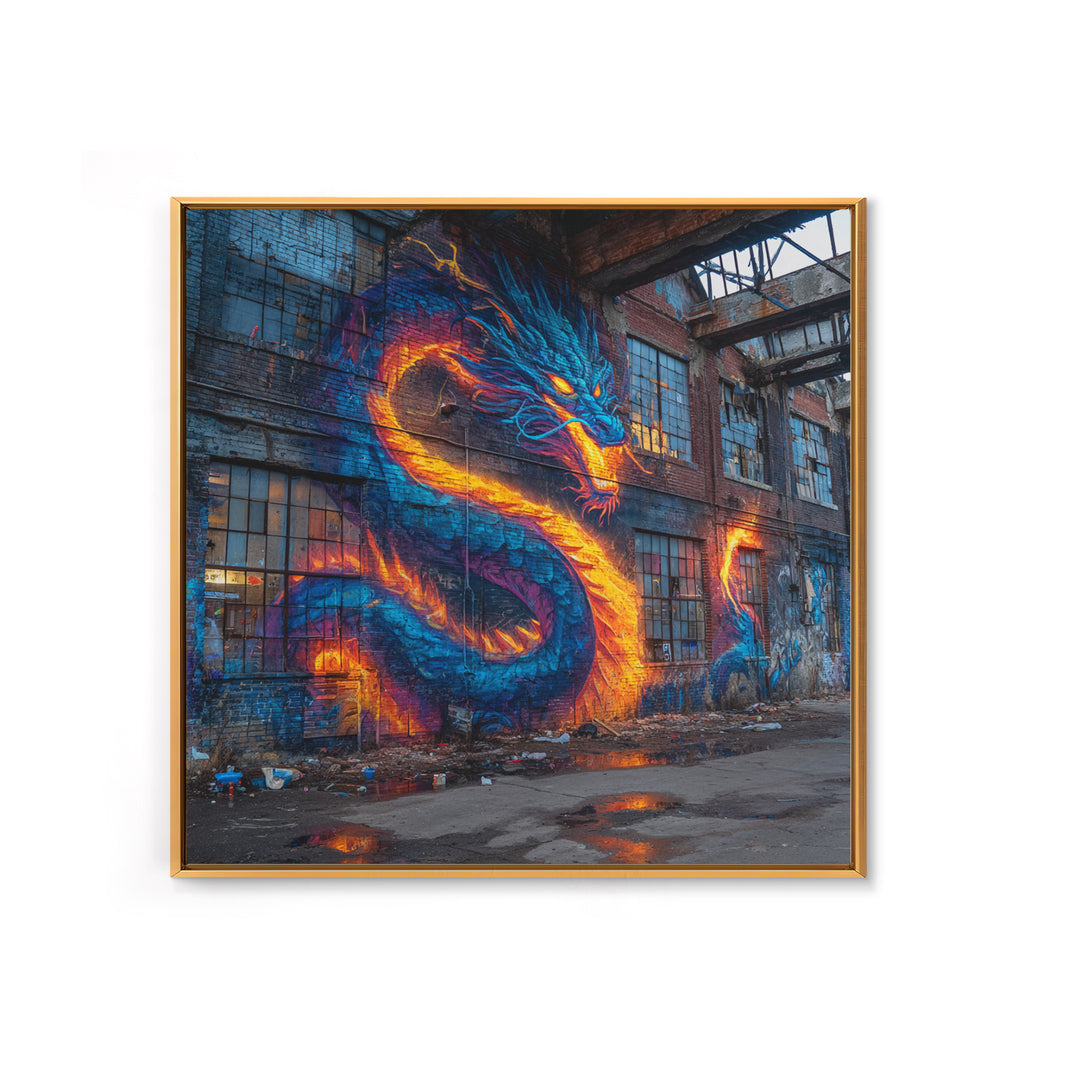 Neon Dragon Graffiti On Abandoned Brick Wall Art, Cyberpunk Street Art Canvas Print, Bold Urban Home Decor Gift For Gamer Room