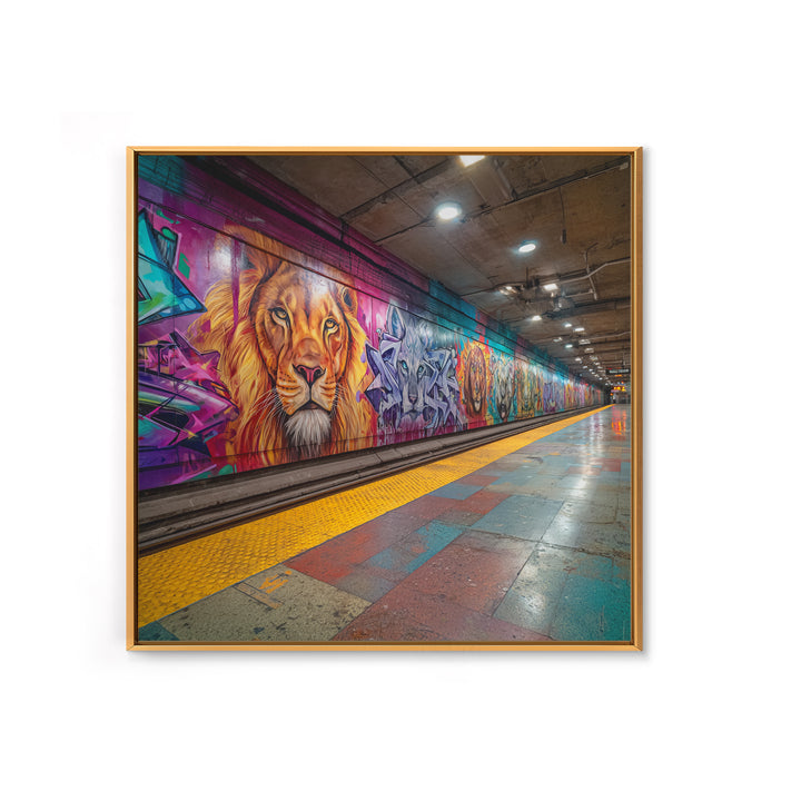 Vivid Lion Graffiti Subway Platform Canvas Print, Urban Street Art For Gaming Room Decor And Bold Modern Home Decor Wall Decor