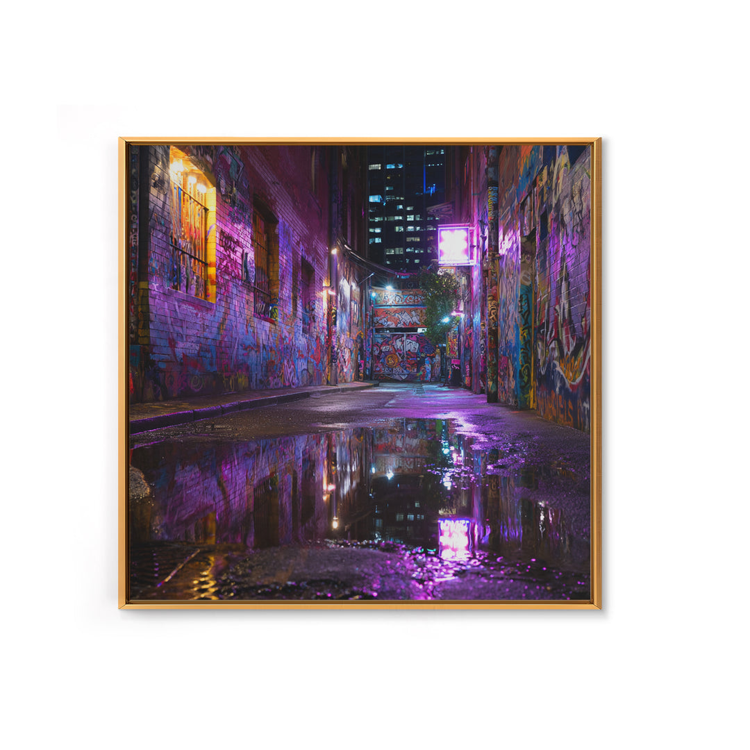 Neon Graffiti Alley Reflections Wall Art, Urban Street Canvas Print, City Night Decor, Edgy Contemporary Office Art Gift