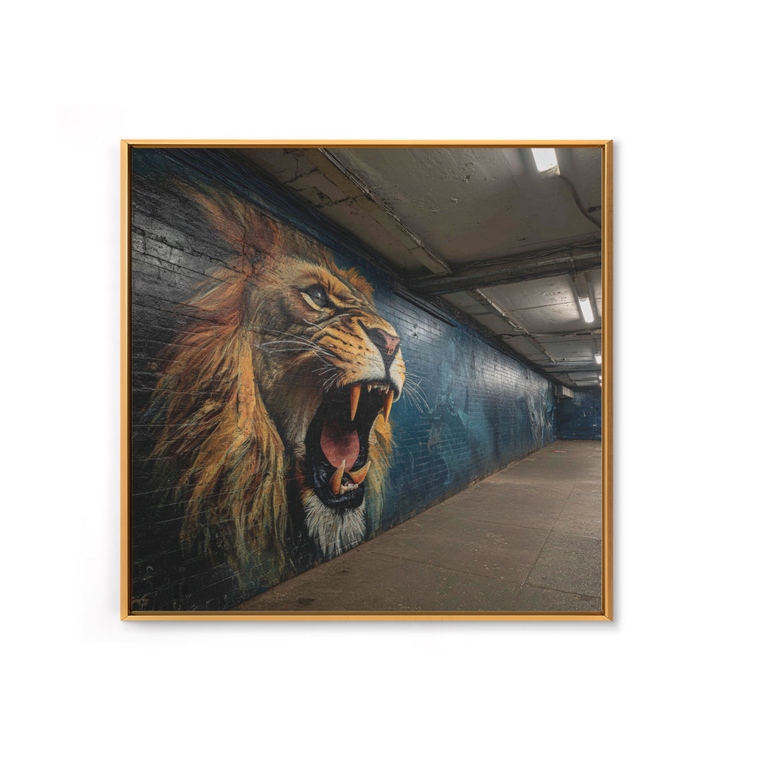 Roaring Lion Subway Mural Wall Art, Urban Graffiti Canvas, Big Cat Street Art Print, Bold Industrial Living Room Decor Gift