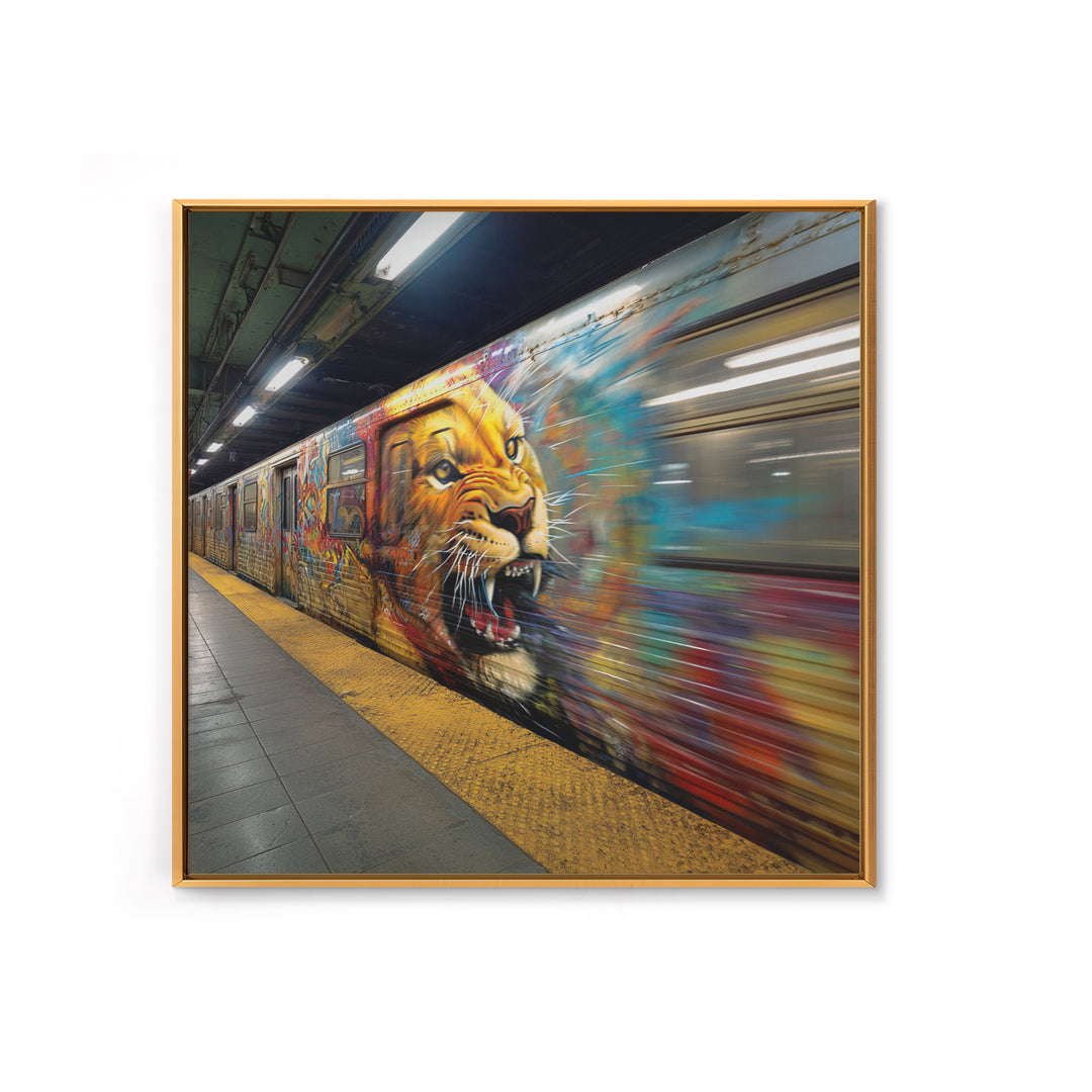 Roaring Lion Subway Train Canvas Print, Motion Blur Graffiti Wall Art, Big Cat Urban Street Decor For Modern Home Decor Gift