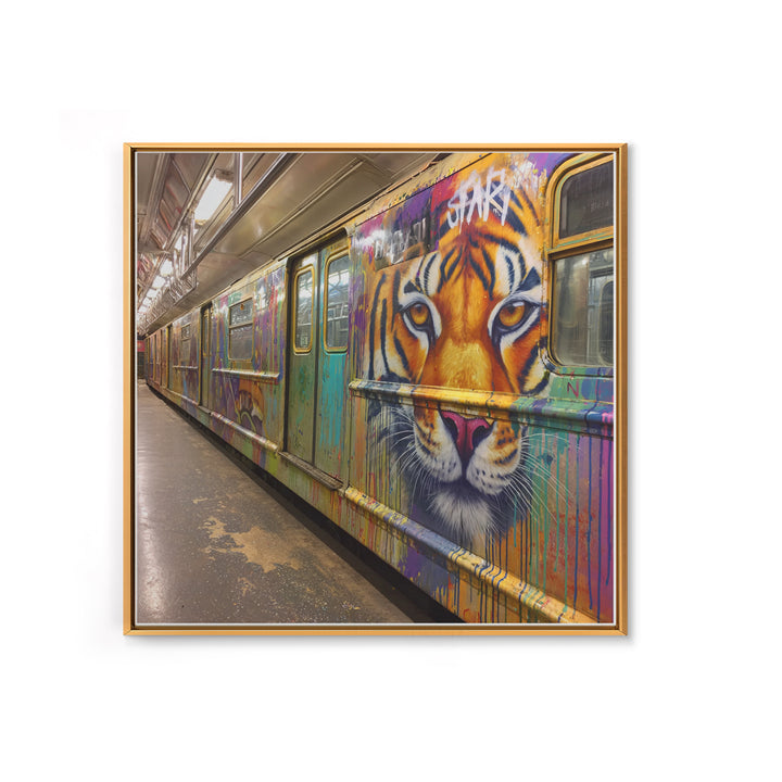Tiger Face Graffiti Subway Train Canvas Print, Bold Urban Street Art For Maximalist Decor And Modern Wall Decor Gift Idea