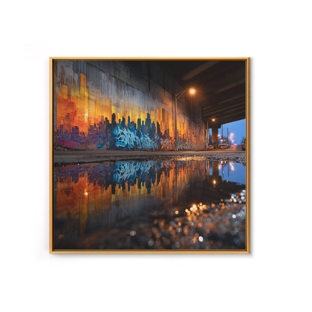 Urban Graffiti Underpass Wall Art, City Skyline Reflection, Street Art Print, Industrial Decor, Modern Office Wall Decor