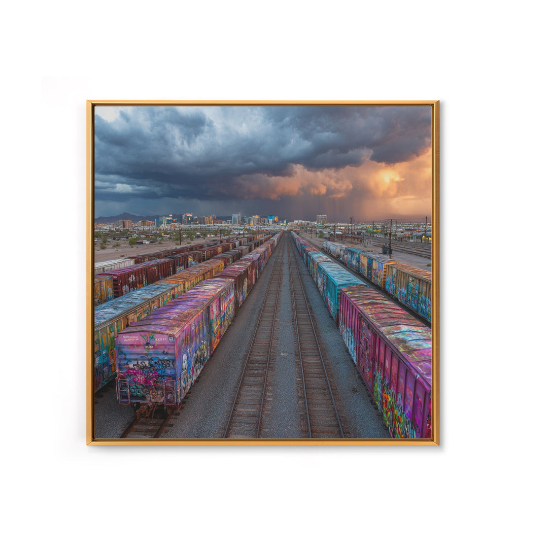 Graffiti Freight Train Yard Wall Art, Urban Street Art Canvas Print, Modern Industrial City Decor, Colorful Office Wall Art