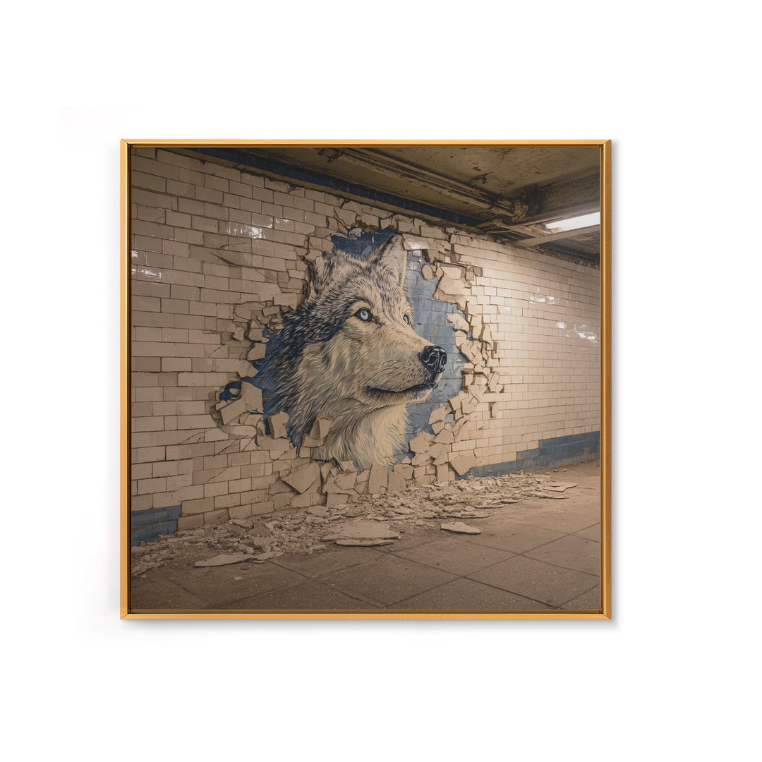 Wolf Mural Bursting Through Subway Tile Wall Art, Urban Animal Canvas Print, Street Art Decor For Modern Office Wall Decor Gift