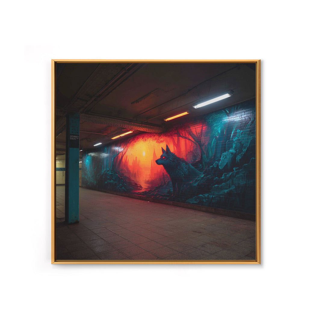 Neon Wolf Subway Mural Wall Art, Urban Graffiti Canvas Print, Cyberpunk Street Decor, Moody Animal Art For Home Office Gift