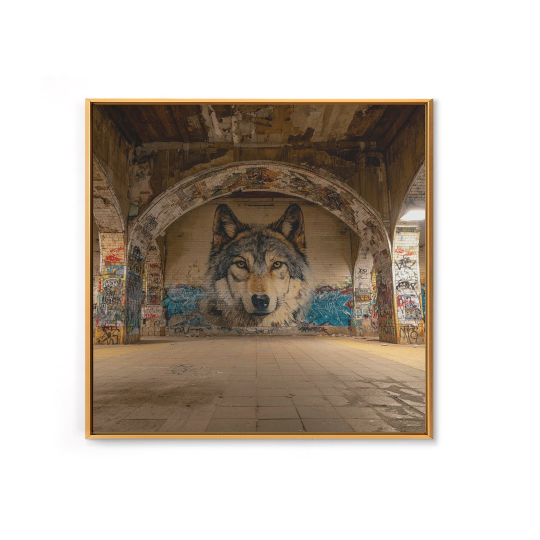 Realistic Wolf Mural In Abandoned Archway Framed Canvas Print, Urban Street Art, Animal Wall Decor, Moody Office Decor, Home Decor
