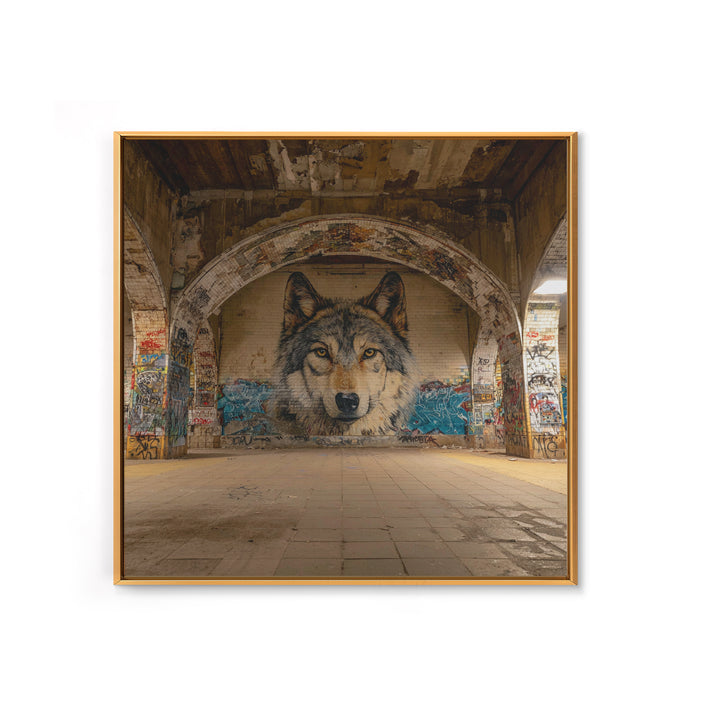 Realistic Wolf Mural In Abandoned Archway Framed Canvas Print, Urban Street Art, Animal Wall Decor, Moody Office Decor, Home Decor