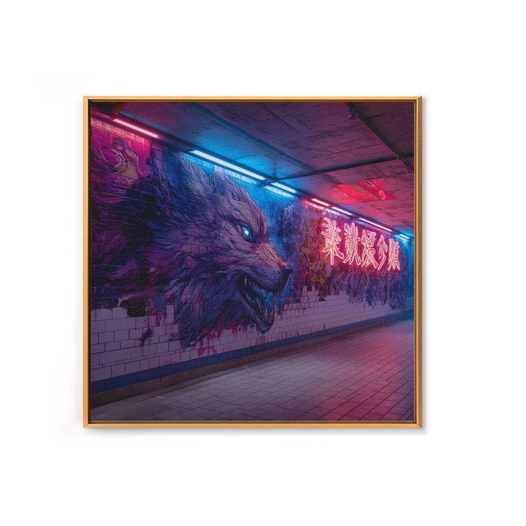 Neon Wolf Subway Mural Canvas Print, Cyberpunk Graffiti Wall Art, Futuristic Animal Street Art For Gaming Room Decor Gift