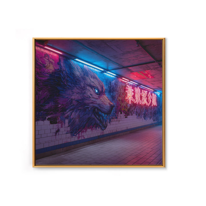 Neon Wolf Subway Mural Canvas Print, Cyberpunk Graffiti Wall Art, Futuristic Animal Street Art For Gaming Room Decor Gift
