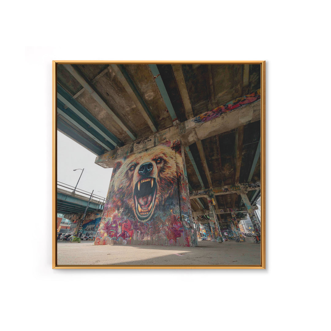 Roaring Bear Graffiti Underpass Wall Art, Urban Street Art Canvas Print, Wildlife Mural Decor, Man Cave Industrial Loft Home Decor