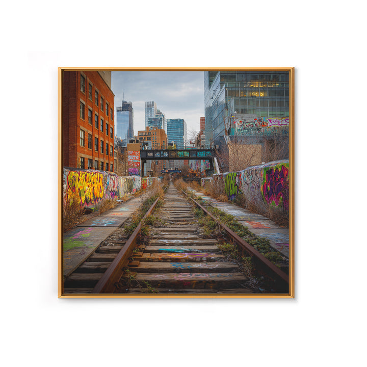Abandoned Graffiti Railway Through City Wall Art, Urban Landscape Photography For Loft Decor And Modern Office Wall Decor