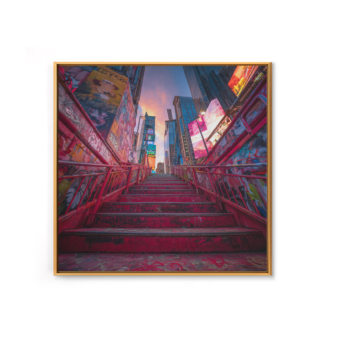 Neon City Stairway At Sunset Wall Art, Urban Graffiti, Times Square Travel Poster, Colorful Modern Canvas Print Home Decor
