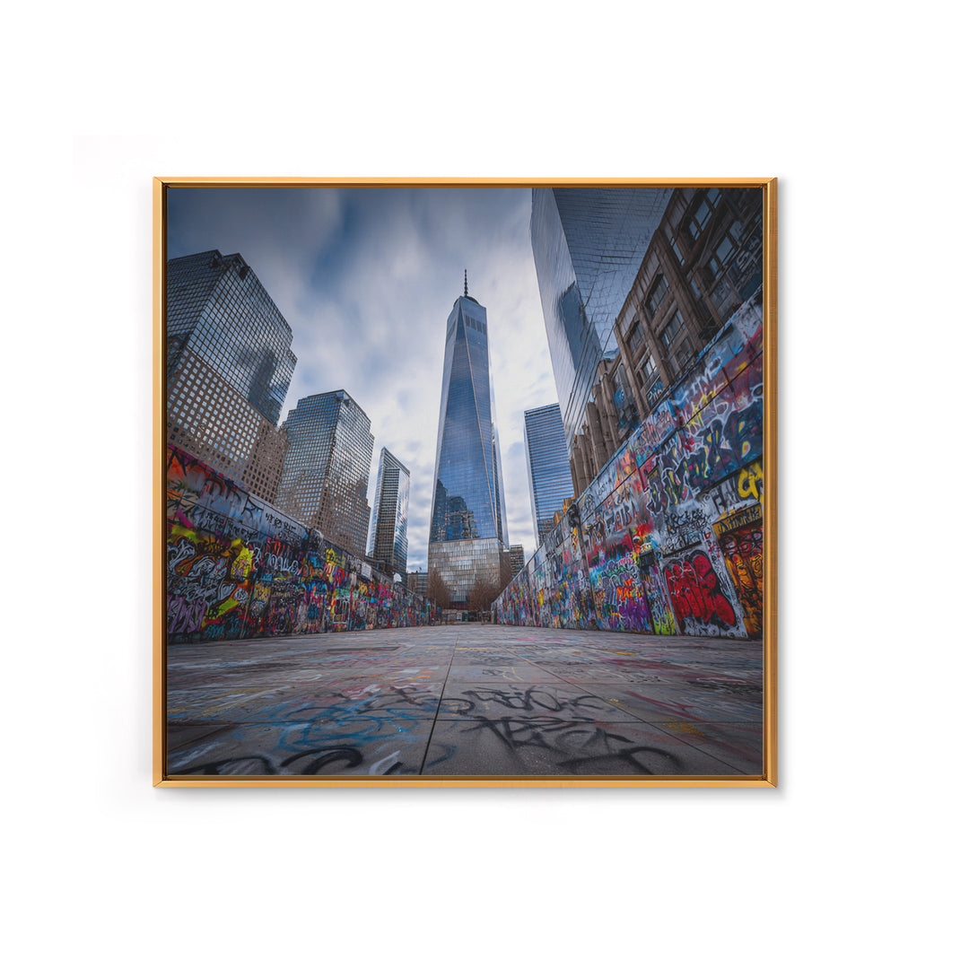 One World Trade Graffiti Courtyard Wall Art, Urban Cityscape Canvas Print, NYC Street Art Decor For Office And Apartment