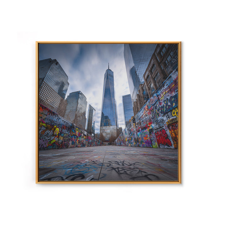 One World Trade Graffiti Courtyard Wall Art, Urban Cityscape Canvas Print, NYC Street Art Decor For Office And Apartment
