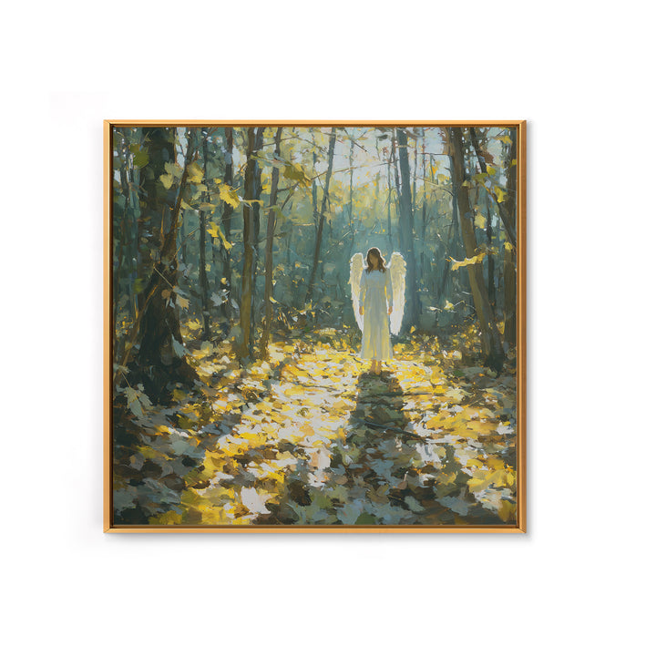 Sunlit Angel In Enchanted Forest Wall Art, Ethereal Christian Canvas Print, Woodland Decor, Spiritual Nursery Art, Calming Decor
