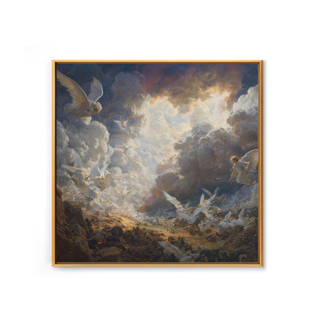 Heavenly Angels In Storm Clouds Canvas Print, Biblical Battle Painting, Christian Wall Decor, Dramatic Renaissance Art Gift