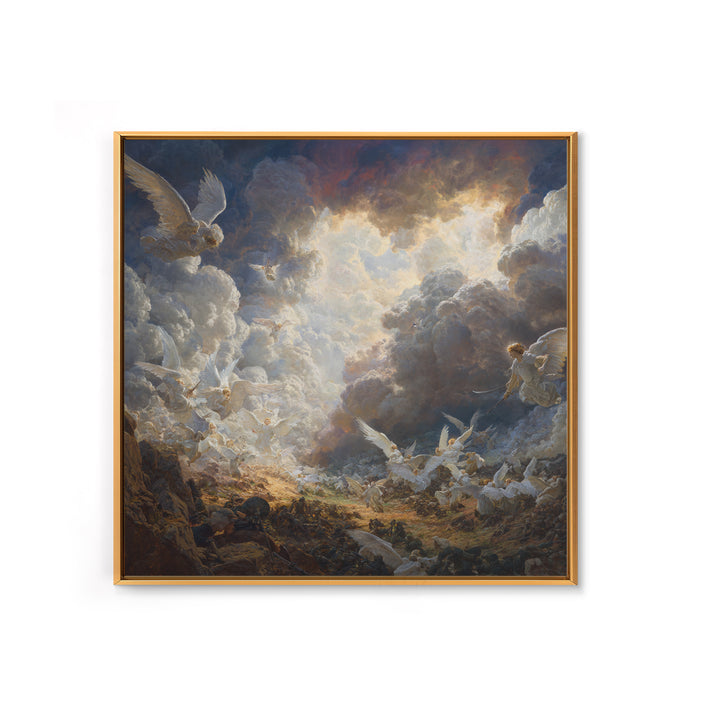 Heavenly Angels In Storm Clouds Canvas Print, Biblical Battle Painting, Christian Wall Decor, Dramatic Renaissance Art Gift