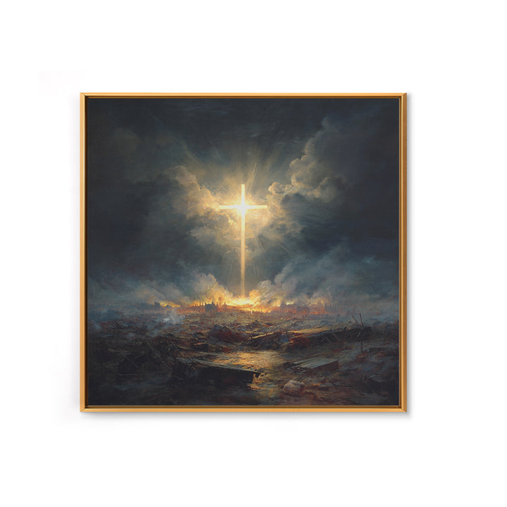 Radiant Cross Over Stormy Battlefield Wall Art, Christian Canvas Print, Dramatic Religious Decor, Spiritual Gift For Home
