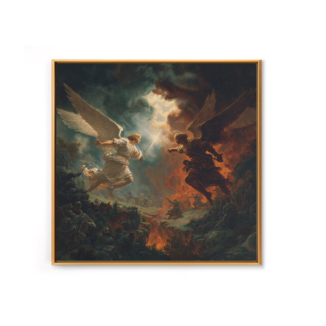 Angel Duel Over Apocalyptic Battlefield Wall Art, Dark Fantasy Framed Canvas Print, Biblical Spiritual Home Decor Gift For Him