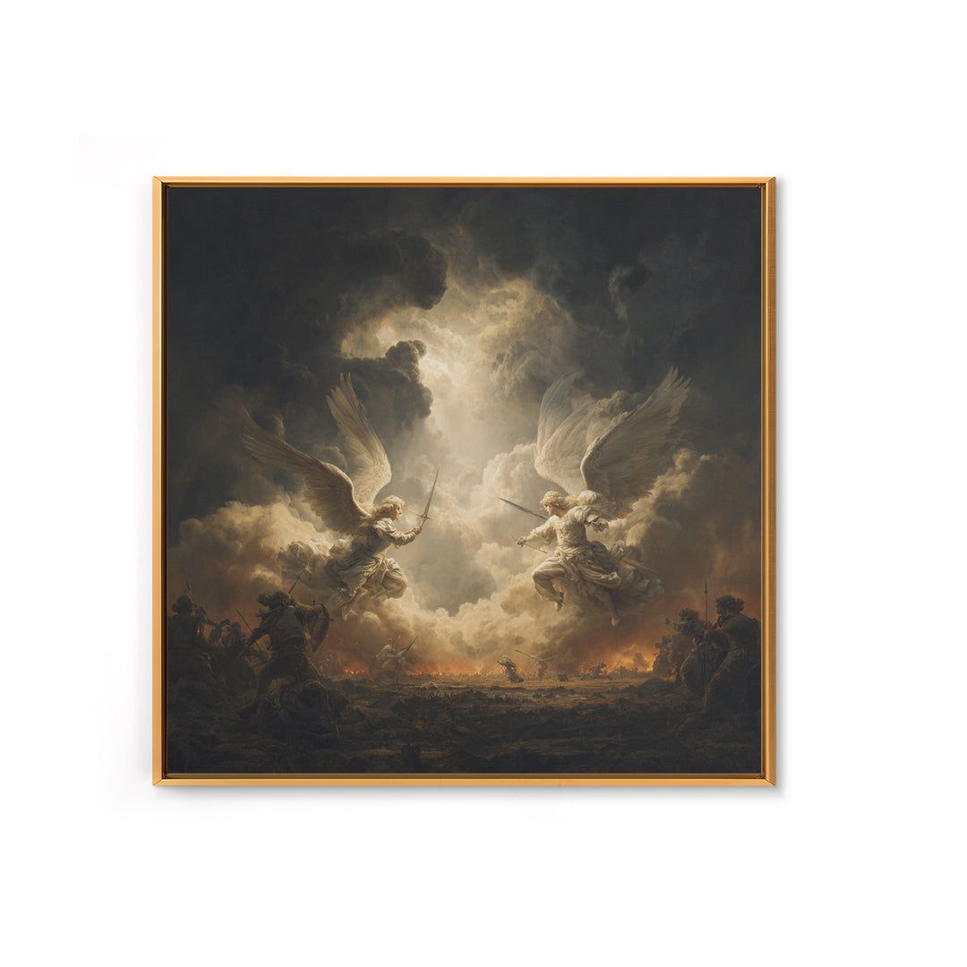 Angelic Battle In Storm Clouds Framed Canvas Print, Dark Baroque Religious Art, Renaissance Wall Decor, Dramatic Fine Art
