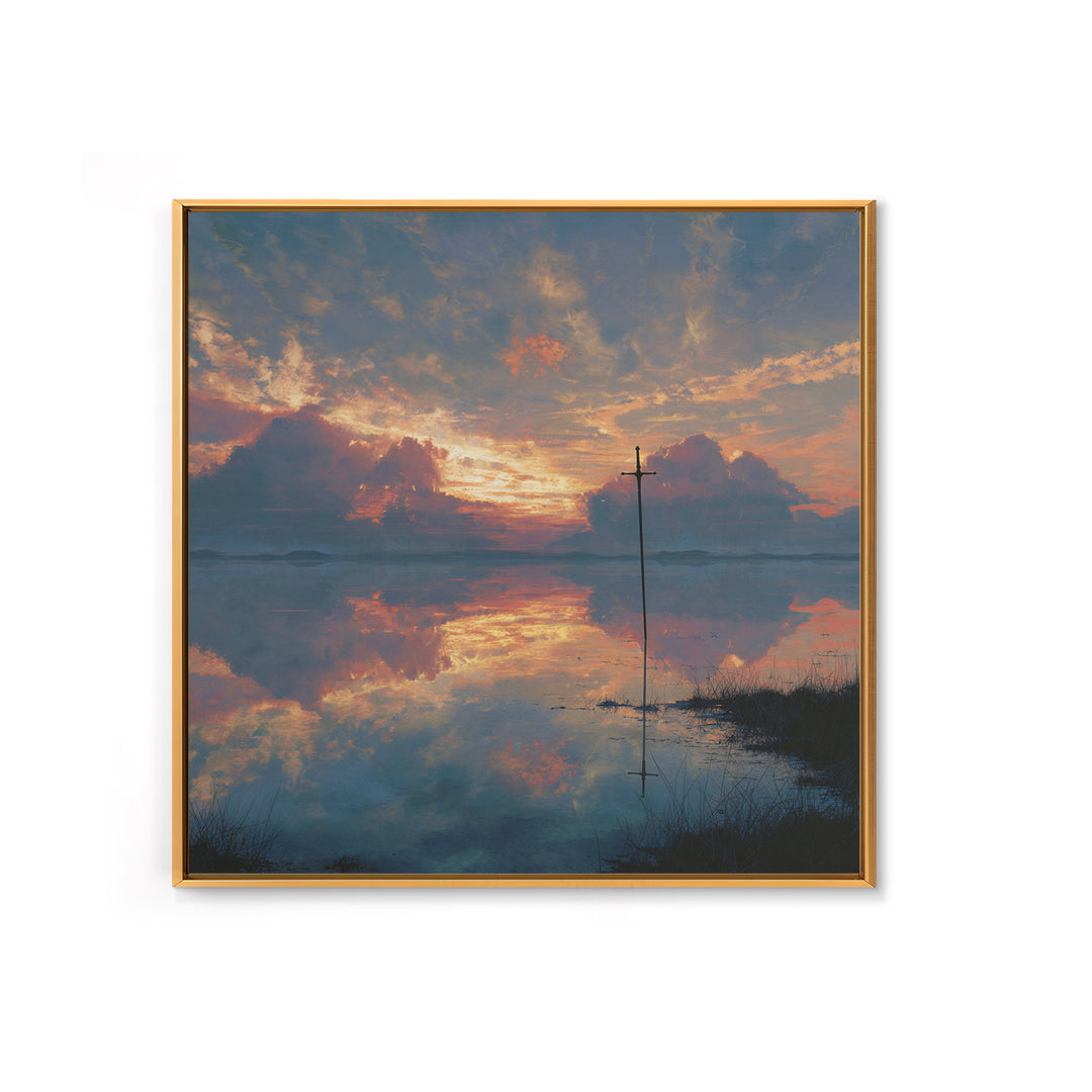 Solitary Cross At Sunset Wall Art, Reflective Lake Landscape Print, Christian Artwork, Spiritual Home Decor, Prayer Room Gift