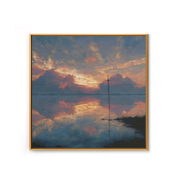 Solitary Cross At Sunset Wall Art, Reflective Lake Landscape Print, Christian Artwork, Spiritual Home Decor, Prayer Room Gift