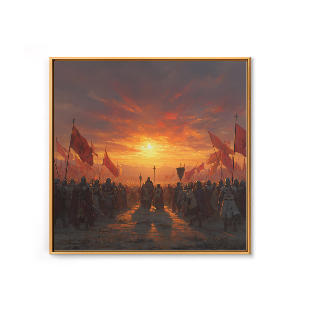 Medieval Army At Fiery Sunset Framed Canvas Print, Crusader Battle Wall Art, Epic Fantasy Decor, Historical Gift For Him
