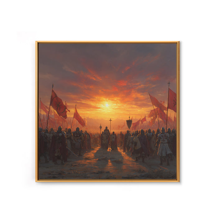 Medieval Army At Fiery Sunset Framed Canvas Print, Crusader Battle Wall Art, Epic Fantasy Decor, Historical Gift For Him