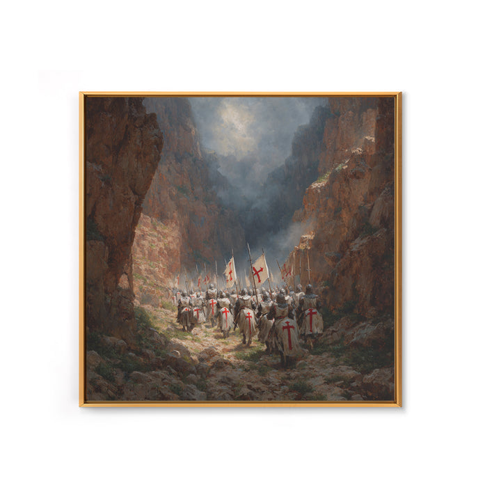 Medieval Knights Marching Through Rocky Canyon Wall Art, Historical Painting Print, Christian Wall Decor, Dramatic Fine Art