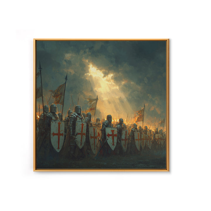 Crusader Knights With Shields Wall Art, Medieval Battle Scene, Religious History Decor, Dark Fantasy Framed Canvas Print